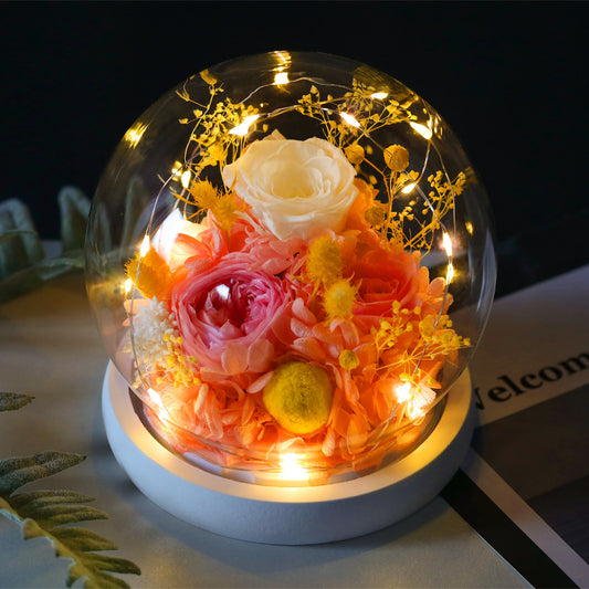 Eternal Bloom Dome Preserved flower under glass with soft ambient glow — a timeless gift that holds emotion, not just beauty. 5-Day Return.